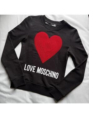 Love Moschino Velvet Sequin Heart Graphic Crewneck Pullover Black Designer US 2